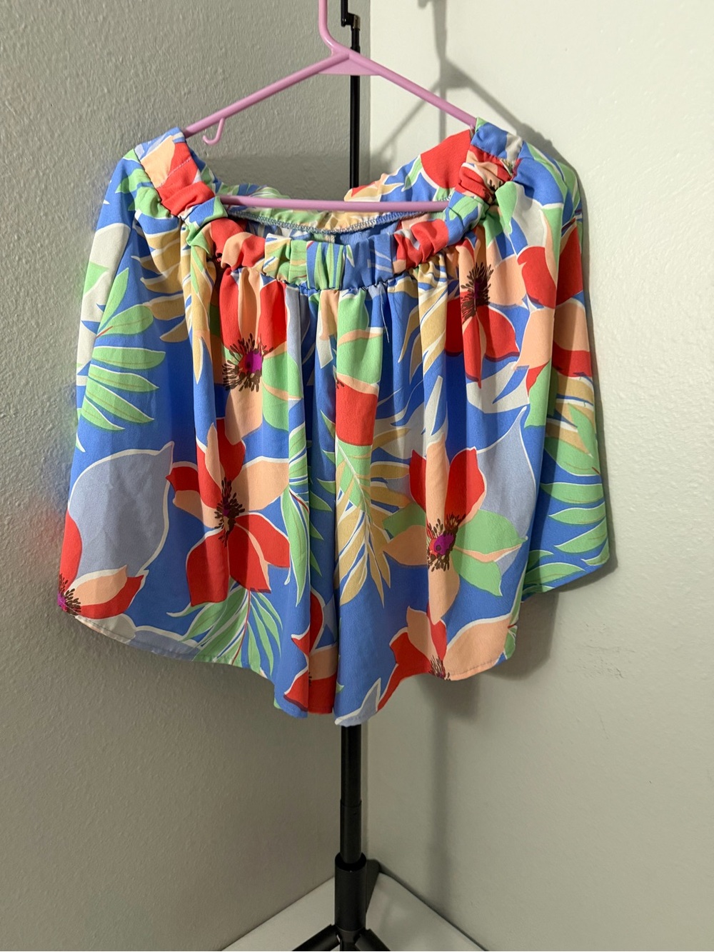 Fashion Nova Blue Tropical Bardot Tunic with Coral Floral Accents